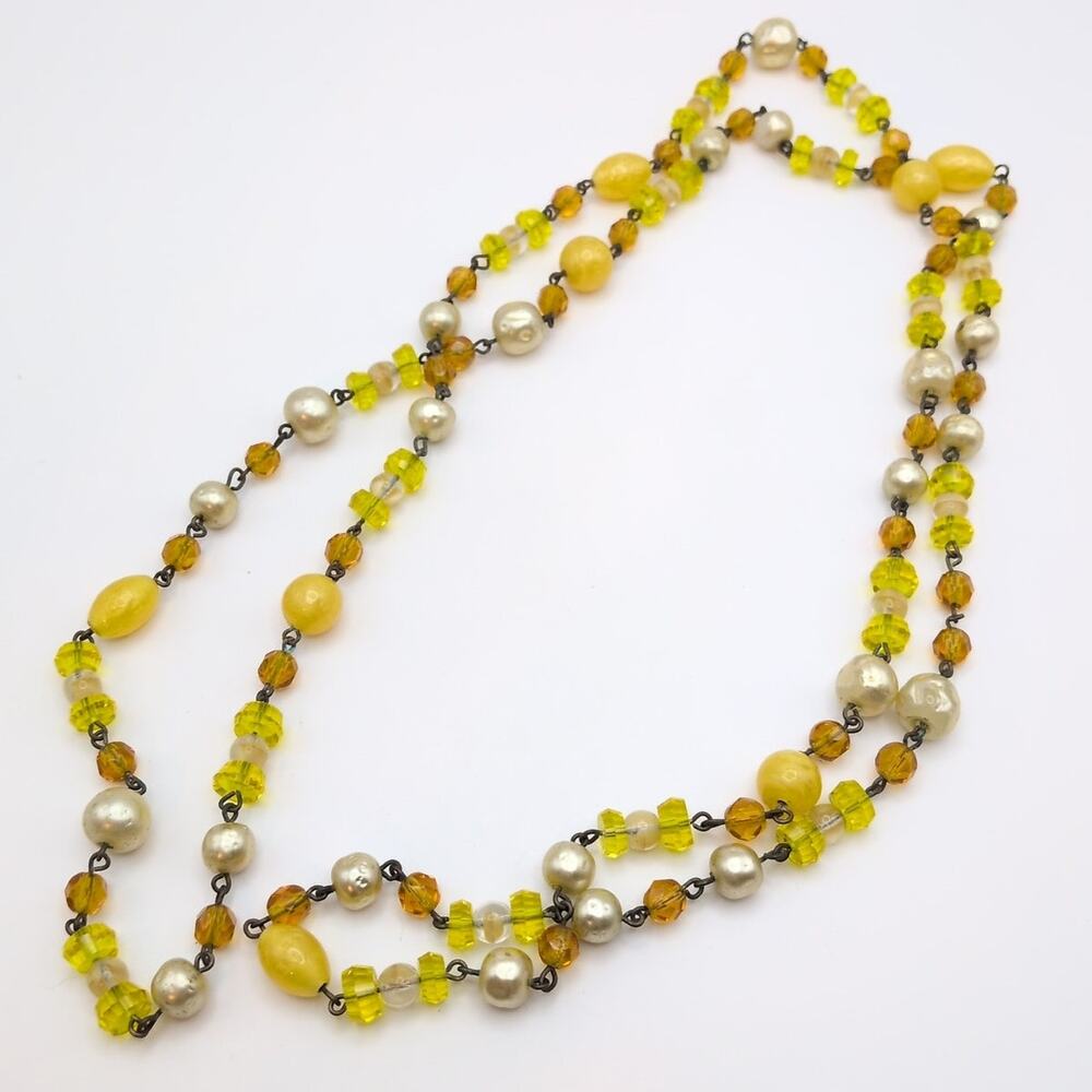 Vintage Faux Pearl Yellow Amber Art Glass Beaded Flapper Length Necklace 42in